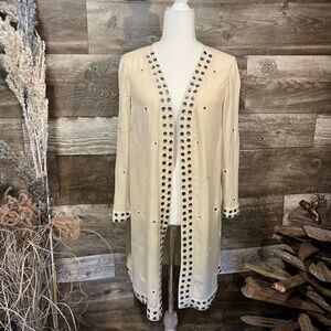 Soft Surroundings tan, long cardigan with button and mirror embellishments- MP